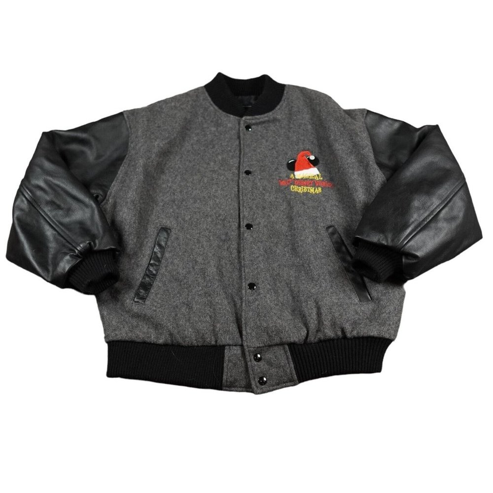 Vintage Disney Mickey Mouse Jacket Mens Large Grey Black Wool Leather Christmas